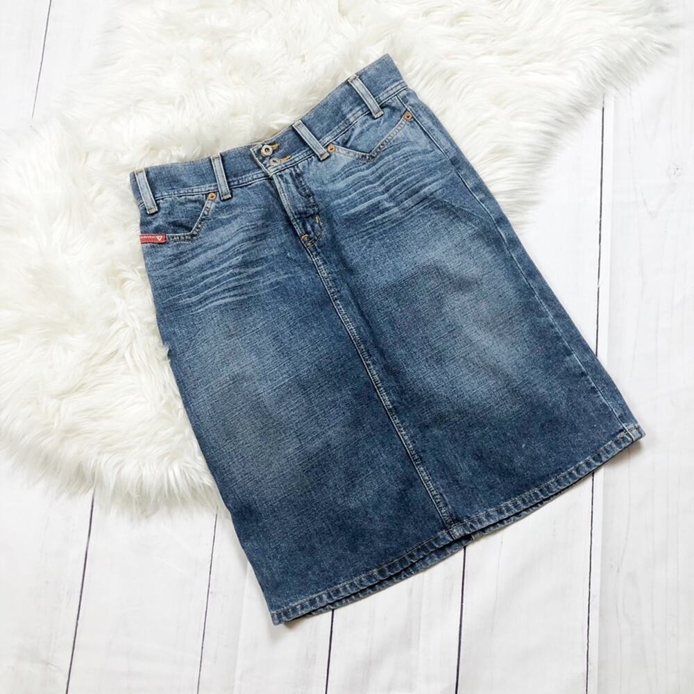 Guess Women's Blue‎ Vintage Denim Jean Knee Length Front Pocket Skirt 28 8